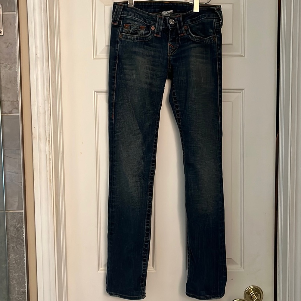 True Religion Medium wash slightly distressed straight leg jeans